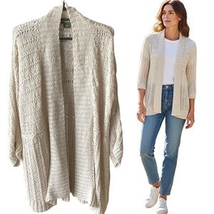 Eddie Bauer Cream Open-Front 100% Linen Knit Sweater Cardigan Women’s Size XL